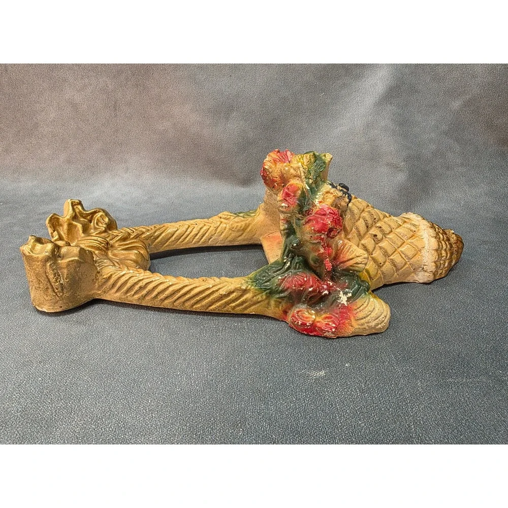 Vintage Chalkware Wall Pocket Planter Basket Floral Gold Bow Mid Century Decor
